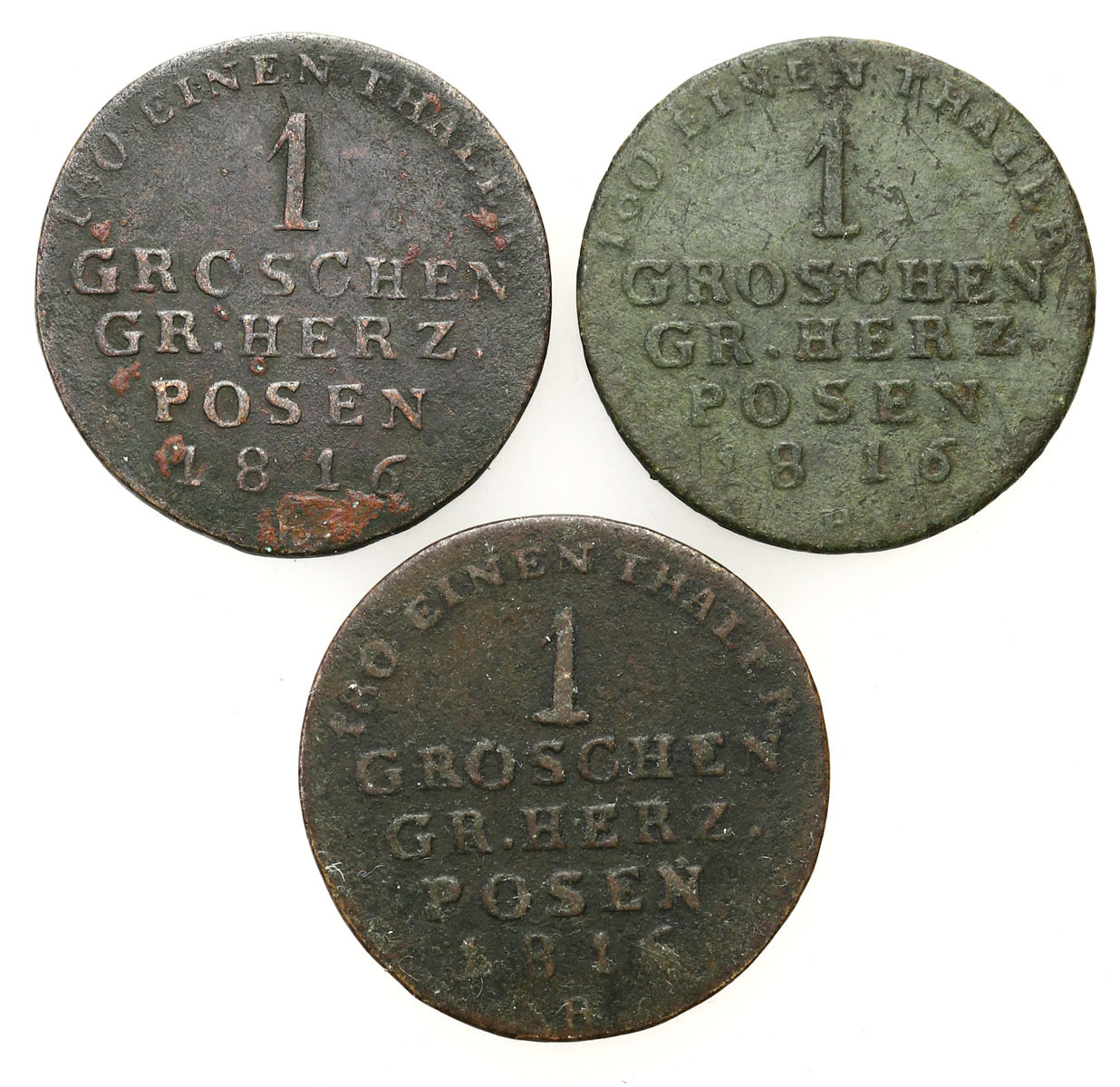 Księstwo Poznańskie. Fryderyk Wilhelm III. Grosz 1816 B, Wrocław, zestaw 3 monet